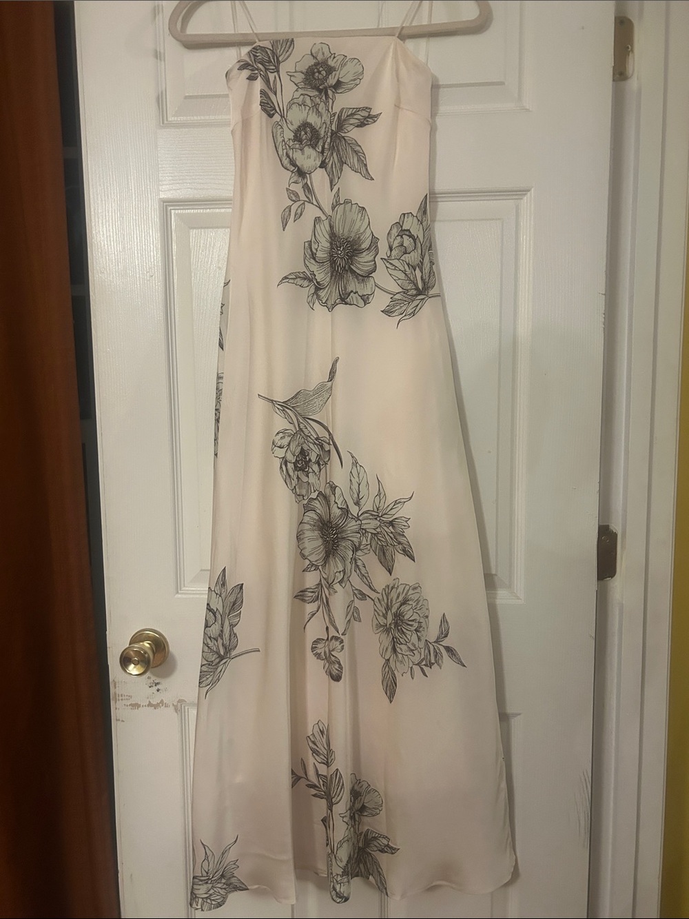 Francesca's Collections Cream Strapless Maxi with Black Floral Sketch